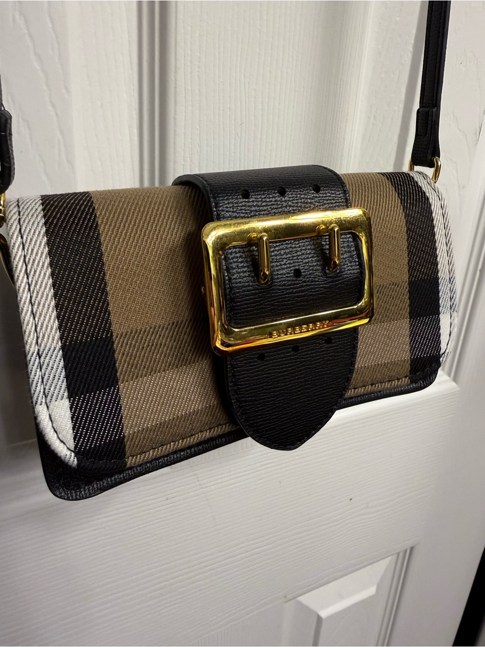 Inspired Black, Tan & White Check Crossbody with Gold Buckle